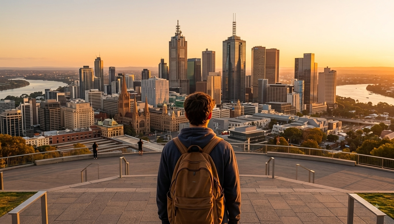 Student facing sunset city road